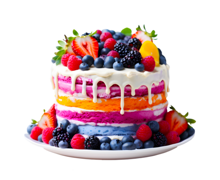 Rainbow multicolored cake with whipped cream top on light background. Colorful Birthday cake with cream cheese frosting, berries and flowers.