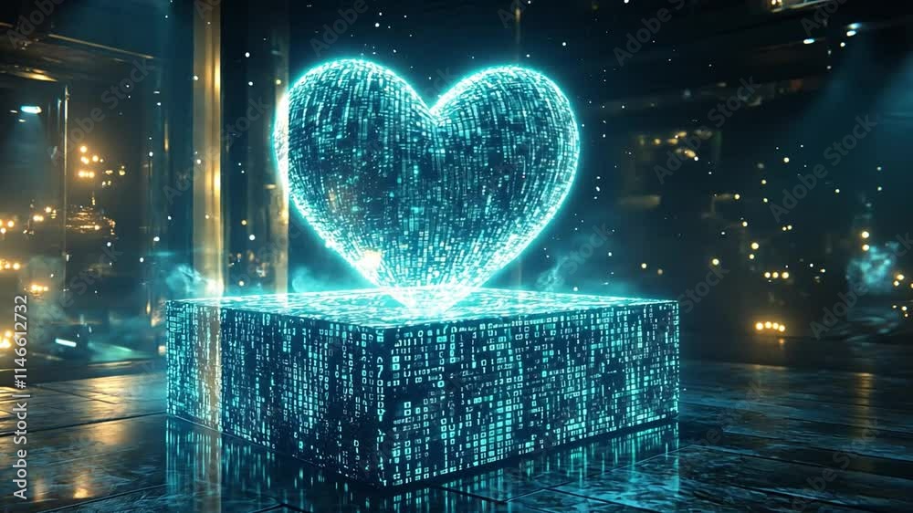 Poster 4k ai generated glowing heart shape with binary code in a digital space at night