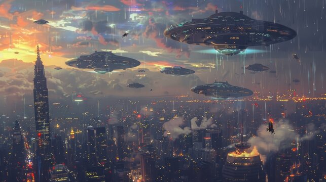 Alien Invasion Over Metropolis: A Futuristic Night