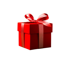 Obraz premium Red Gift box and festive red hearts. Gift concept for Valentine Day, Wedding or Birthday, flat lay