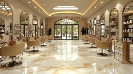 A modern salon interior featuring elegant design and beauty products.