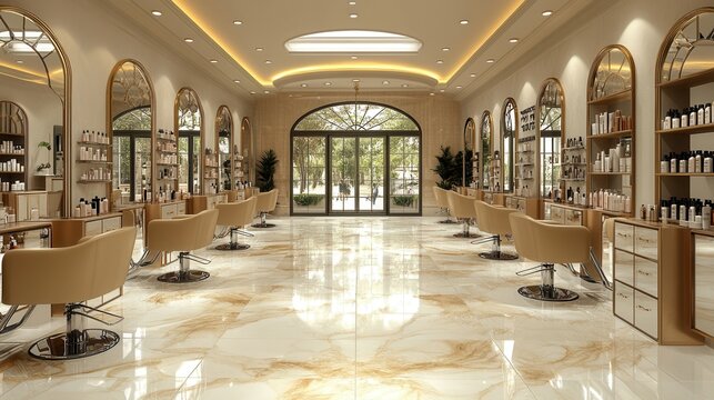 A modern salon interior featuring elegant design and beauty products.