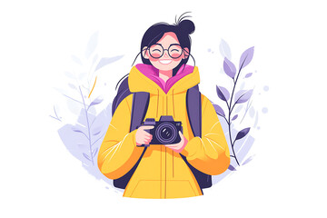 Obraz premium Young woman holding a camera, smiling while exploring a scenic travel destination, capturing memories and enjoying the adventure