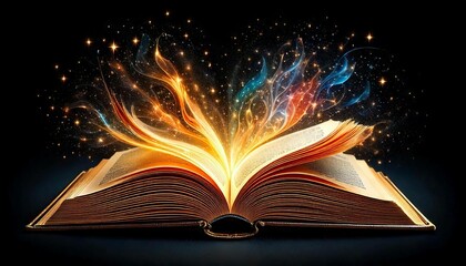 
an open book with a glowing light coming out of it's pages and stars in the sky above it, on a black background with a black background of stars and a black background. Generative AI