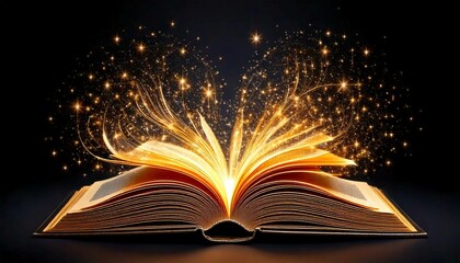 
an open book with a glowing light coming out of it's pages and stars in the sky above it, on a black background with a black background of stars and a black background. Generative AI