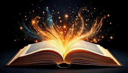 
an open book with a glowing light coming out of it's pages and stars in the sky above it, on a black background with a black background of stars and a black background. Generative AI
