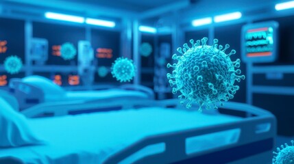 Medical interior illustrating the fight against viruses with floating microorganisms in a hospital setting showcasing the importance of health care and infection control measures