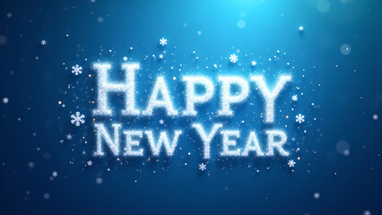 Happy New Year greeting with snowflakes on blue background. Concept of celebration and new beginnings.