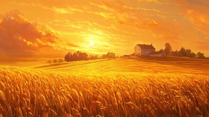 golden sunset over wheat field with farmhouse