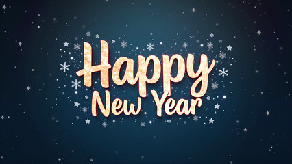 Happy New Year golden text with snowflakes and stars. Concept of celebration and new beginnings.