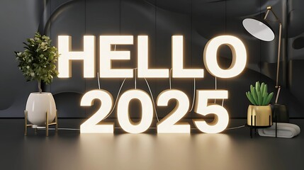 Hello 2025 new year template with Luminous inscription interion design ,christmas,new year, happy new year, gold, number, celebration, decoration, holiday
