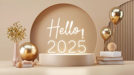 Hello 2025 new year template with Luminous inscription interion design ,christmas,new year, happy new year, gold, number, celebration, decoration, holiday
