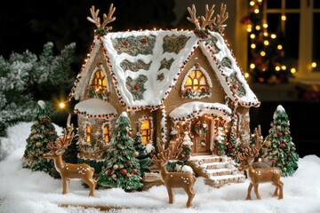 Fototapeta premium Festive Gingerbread House with Snowy Landscape, Adorned with Colorful Decorations, Surrounded by Reindeer and Delicious Candy, Evoking Holiday Cheer