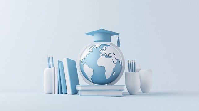 Graduation cap on globe with books and pencils. (1)