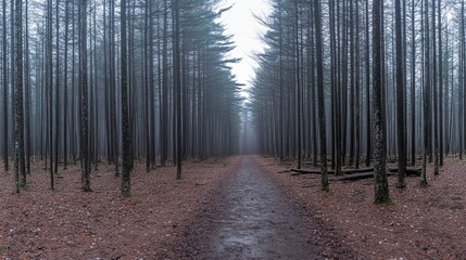Naklejka premium Misty Pine Forest Path A Serene Woodland Trail