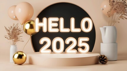 Hello 2025 new year template with Luminous inscription interion design ,christmas,new year, happy new year, gold, number, celebration, decoration, holiday
