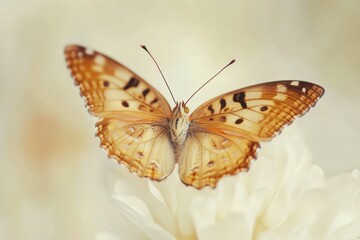 Fototapeta premium Delicate and Elegant Butterflies in Soft Focus, Capturing the Beauty of Nature with Light Pastel Colors and Intricate Wing Patterns on a Creamy Floral Background