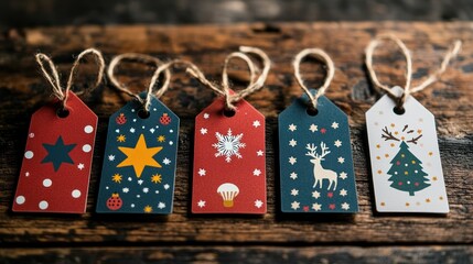 Festive Christmas gift tags on wood.