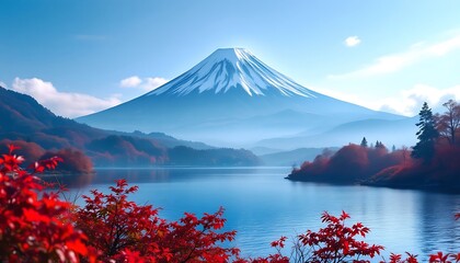 Colorful Autumn at Lake Kawaguchiko Morning Fog and Red Leaves with Mount Fuji