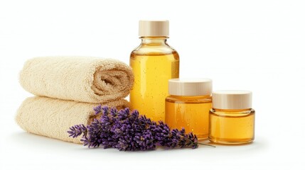 A serene arrangement of essential oils, lavender, and soft towels, ideal for relaxation and spa experiences, isolated on a white background.