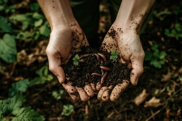 Hands Holding Soil with Earthworms and Green Leaves, Emphasizing Nature's Gardening, Soil Health, and Importance of Composting in Sustainable Agriculture