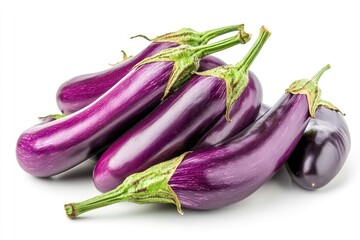 A cluster of fresh purple eggplants with their stems, cleanly isolated on white