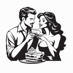 People Eating Cheesecake image vector. Black and white   People Eating Cheesecake on white background.