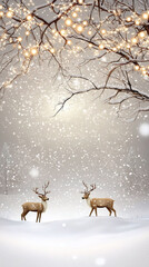 A snowy background featuring reindeer grazing under twinkling fairy lights.