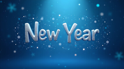 New Year text with snowflakes and glitter. Concept of celebration, new beginnings, and winter holidays.