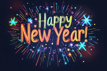 Colorful letters spell out Happy New Year surrounded by sparkling stars and fireworks. This festive design captures the excitement of a New Years celebration at midnight.