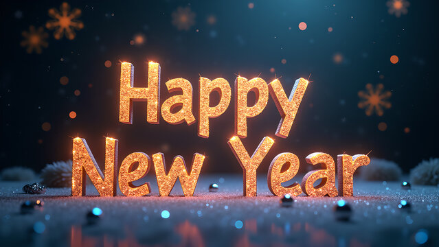 Happy New Year Celebration with Sparkling Text and Festive Background. Concept of new beginnings, celebration, and joy.