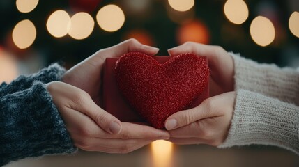 Fototapeta premium Two hands hold a sparkling red heart, symbolizing love and connection against a softly lit, festive background.