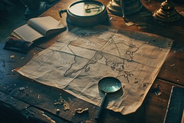 Vintage map with magnifying glass and compass on wooden table