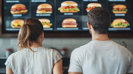 A couple stands in front of a menu board displaying various burgers, contemplating their meal choices in a casual dining setting.