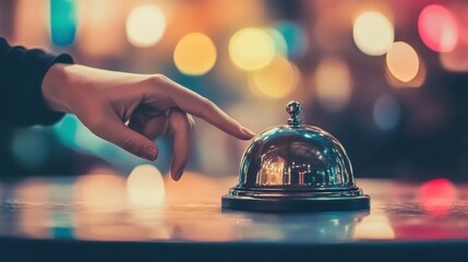 Hand finger touching service bell on desk.