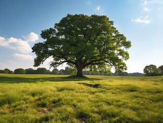 Obraz premium Majestic Solitary Tree in a Sunlit Pastoral Meadow