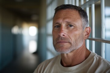 Aged man in a prison setting, expressing a sense of strength and resilience, reflecting the human experience of struggle and redemption amidst confinement.