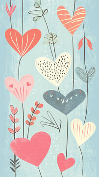 Naklejki A whimsical Valentine's Day card design with cute cartoon hearts and arrows.