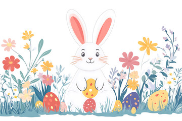 Fototapeta premium A whimsical Easter Bunny’s wonderland filled with colorful hidden eggs, vibrant spring flowers, and lush greenery, creating a festive and magical atmosphere