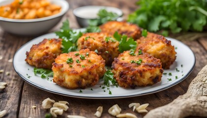 Traditional cod fritters on wooden table
