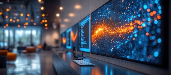 Obraz premium Modern office with multiple computer screens displaying data visualizations.