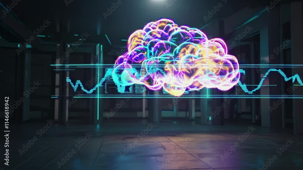 Poster digital representation of a brain with colorful visual effects in a modern workspace