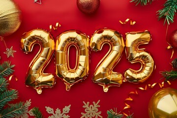 Festive "2025" gold balloons with red and gold ornaments on red background