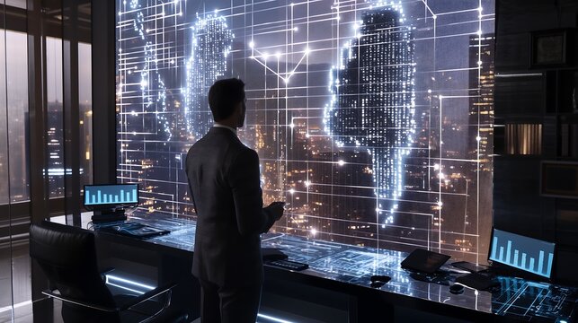 Business professional analyzing a 3D statistical model on a transparent holographic screen, set in a futuristic office.
