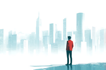 Obraz premium A businessman standing confidently near a futuristic cityscape with towering skyscrapers, symbolizing business, city life, and the future of technology