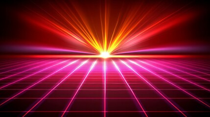 Fototapeta premium Neon Grid Sunset Vibrant Retro Futuristic Landscape