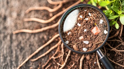 A close-up view of soil and roots, magnified to reveal details of organic matter, minerals, and microplastic within the earth, showcasing contamination and pollution.