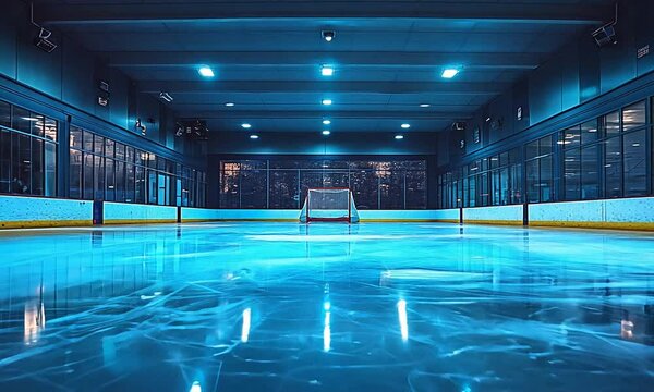 Ice rink interior with blue lighting and empty goal.