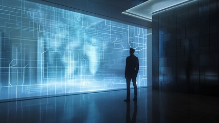 Business professional analyzing a 3D statistical model on a transparent holographic screen, set in a futuristic office.