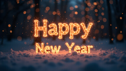 Happy New Year Celebration with Glowing Letters in Snowy Landscape. Concept of New Year's Eve and Festivities.